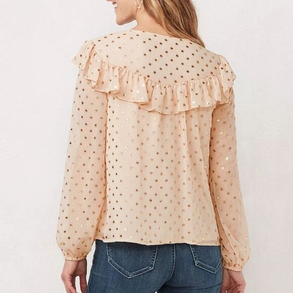 Lauren Conrad Size XL Pink and Shimmer Gold Ruffle Shoulder Long Sleeve Blouse - Picture 2 of 9